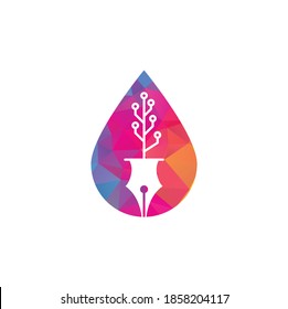Tech Pen drop shape concept Logo design. Tech pen with tech tree logo design template.