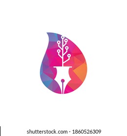 Tech Pen drop shape concept Logo design. Tech pen with tech tree logo design template.