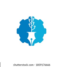 Tech Pen gear shape concept Logo. Tech pen with tech tree logo design template.