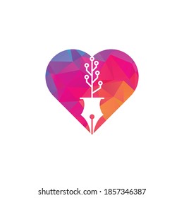 Tech Pen heart shape concept Logo design. Tech pen with tech tree logo design template.