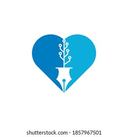 Tech Pen heart shape concept Logo design. Tech pen with tech tree logo design template.