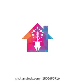 Tech Pen home shape concept Logo design. Tech pen with tech tree logo design template.