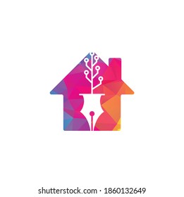 Tech Pen home shape concept Logo design. Tech pen with tech tree logo design template.