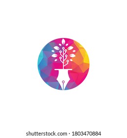 Tech Pen Logo. Tech pen with tech tree logo design template.