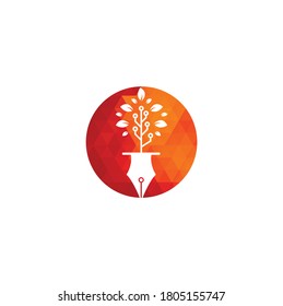 Tech Pen Logo. Tech pen with tech tree logo design template.