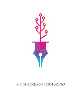 Tech Pen Logo. Tech pen with tech tree logo design template.