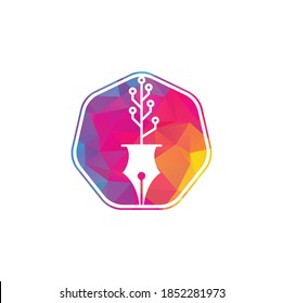 Tech Pen Logo. Tech pen with tech tree logo design template.