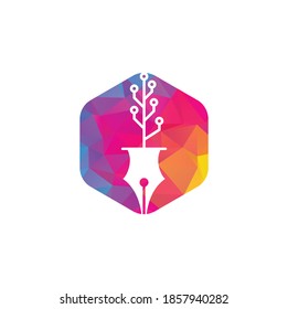 Tech Pen Logo. Tech pen with tech tree logo design template.