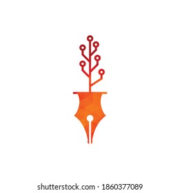 Logo de Tech Pen. Pluma técnica con plantilla de diseño de logotipo de árbol tecnológico.