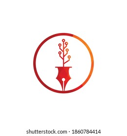 Logo de Tech Pen. Pluma técnica con plantilla de diseño de logotipo de árbol tecnológico.