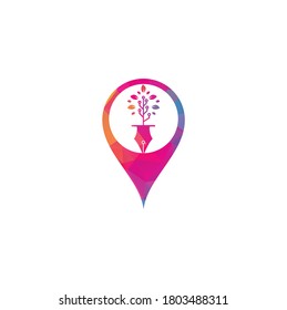 Tech Pen map pin shape concept Logo design. Tech pen with tech tree logo design template.