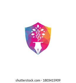 Tech Pen shield shape concept Logo design. Tech pen with tech tree logo design template.