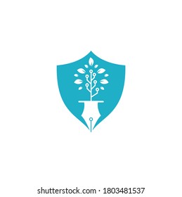Concepto de la forma de la cubierta de la pluma tecnológica Diseño del logotipo. Pluma técnica con plantilla de diseño de logotipo de árbol tecnológico.