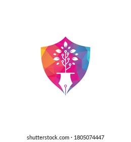 Tech Pen shield shape concept Logo design. Tech pen with tech tree logo design template.