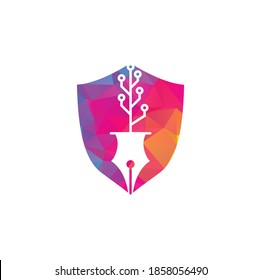 Tech Pen shield shape concept Logo design. Tech pen with tech tree logo design template.