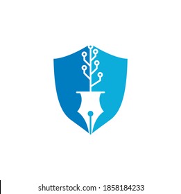 Tech Pen shield shape concept Logo design. Tech pen with tech tree logo design template.