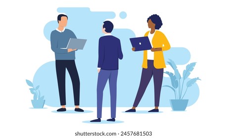 Gente de tecnología hablando - Personas con computadoras portátiles de pie tener una reunión y discutir el trabajo y los negocios. Ilustración vectorial de diseño plano con fondo blanco