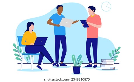Tech people working in office - Team of three people standing and sitting having discussion about work. Flat design vector illustration with white background