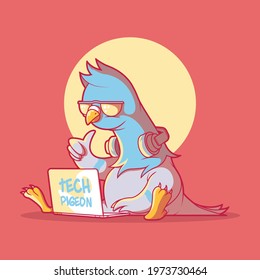 Tech pigeon on a laptop vector illustration. Technology, business, funny design concept.