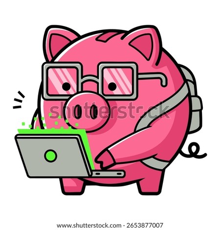 Tech Piggy Bank Character – Flat Vector of Pink Pig with Glasses Typing on Laptop, Surrounded by Binary Code, Clean White Background, Cute Financial Technology Cartoon Style Illustration