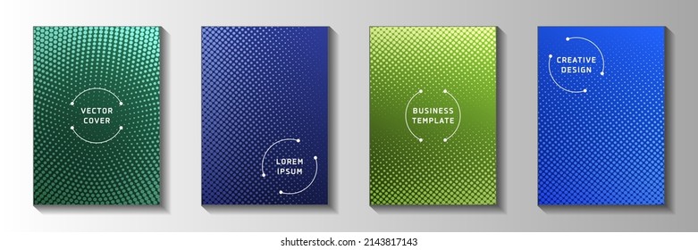 Tech point atenuó la colección vectorial de plantillas de portada de tonos de pantalla. Recorte geométrico de pantalla perforada de fondo de tono. Diseños de páginas de títulos de estilo de historietas antiguas. Carpetas Rectangle.