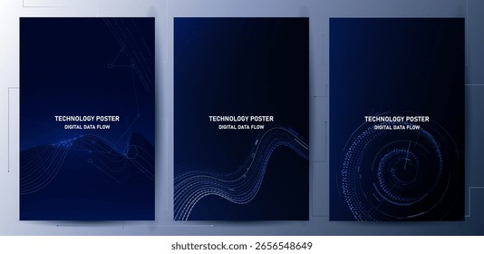 Tech Poster Set. Abstract digital wave technology background. Cyber tech Big data concept,Data Science, corporate business concept