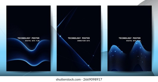 Tech Poster Set. Abstract digital wave technology background. Cyber tech Big data concept,Data Science, corporate business concept