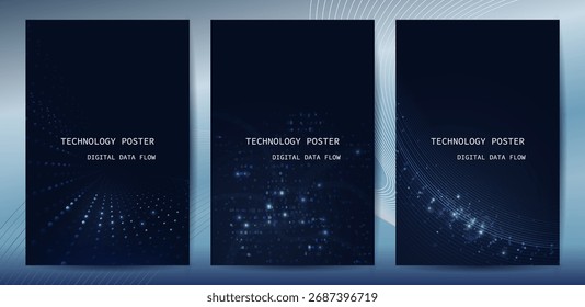 Conjunto de cartazes técnicos. Resumo da tecnologia de onda digital. Conceito de Big Data, Ciência de Dados, conceito de negócios corporativos