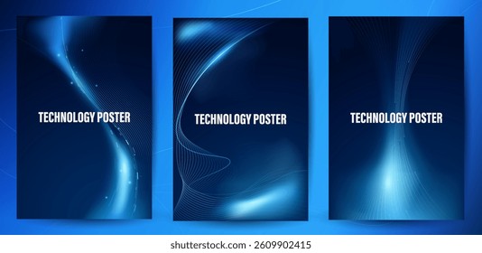 Tech poster set. Futuristic digital blue wave line. glowing lines innovation background for tech event poster or presentation product business