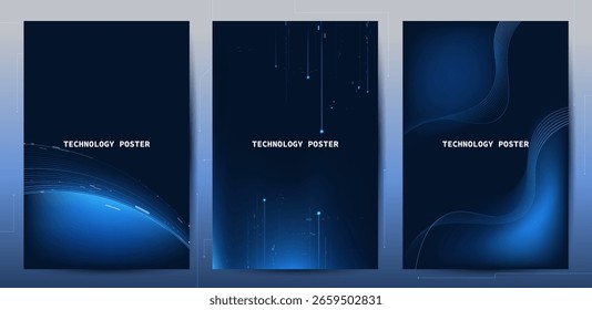 Conjunto de afiches técnicos. Línea azul digital futurista de la onda. fondo brillante de la innovación de las líneas para el cartel del acontecimiento tecnológico o el negocio del producto de la presentación