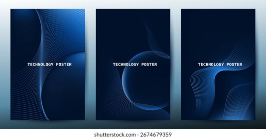 Conjunto de afiches técnicos. Línea azul digital futurista de la onda. fondo brillante de la innovación de las líneas para el cartel del acontecimiento tecnológico o el negocio del producto de la presentación