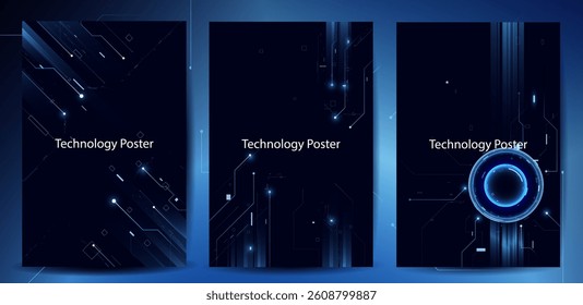 Tech Poster Set. Technology innovation background. Futuristic digital cyber blue circuit lines