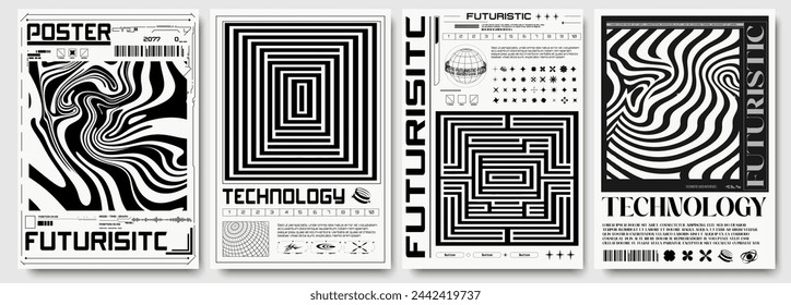 Tech posters set. White patterns from curved lines. Black and white retro cyberpunk style. Futuristic cover 2000s style with brutal wireframe figureset. Ideal for banner, flyer, card.  Vector