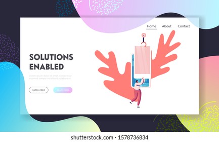 Tech Production Factory Website Landing Page. Robot Arm Assemble Smartphone Cover Microcircuits with Touch Screen. Woman Holding Huge Mobile Phone Web Page Banner. Cartoon Flat Vector Illustration