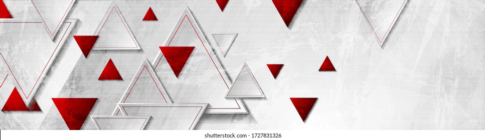 Tech red triangles on white grey grunge header banner. Vector abstract corporate background