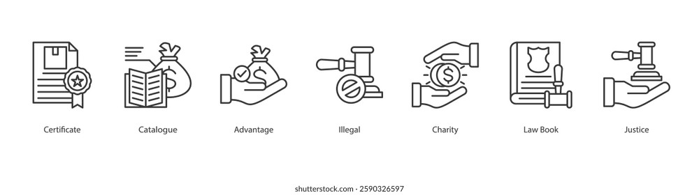 Tech Regulation Icon Sheet certificate, catalogue, advantage, illegal, charity, law book, justice