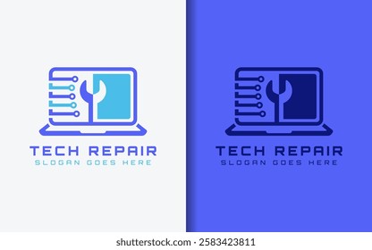 Tech Repair Logo design. Minimalist Colorful Laptop Shape Combined with Wrench and Tech Element. Usable for Tech Repair, Digital Marketing, and Electronic Services Company. 