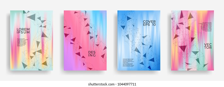 Tech report templates set. Global network connection polygonal grid. Interlinked nodes, neuron or big data cloud structure concept. Information technology concept cover.