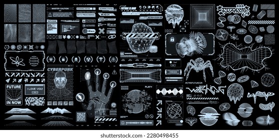 Tech, retrofuturistic digital elements - HUD interface, 3D y2k abstract shapes, spheres, wireframe, icons, lettering, grid, cyberpunk style. Digital graphic box for t-shirt, print, typography. Vector