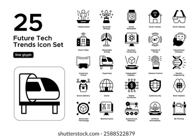 Tech Revolution and Smart Innovations. Machine Learning, AI, and Digital Transformation. Vector Illustration. Solid line icon set
