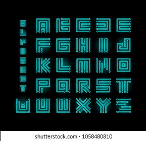 Tech ront, technology vector alphabet, chipset stylized letters, cpu data base letter logos set template, digital microchip linear maze vector illustration on black background.