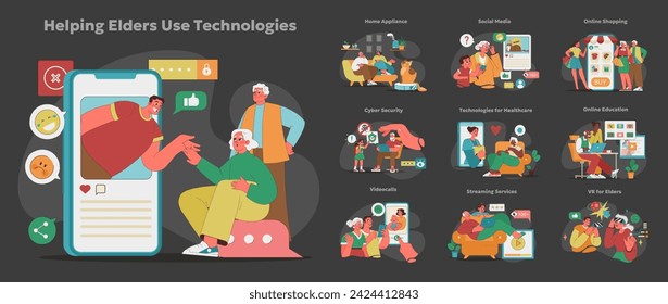 Tech savvy seniors concept. Male and female elderly learning and enjoying modern gadgets. Bridging digital divide for aging adults. Versatile technology application guidance. Vector illustration