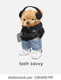 tech savvy slogan with cute bear doll in headphone holding laptop vector illustration
