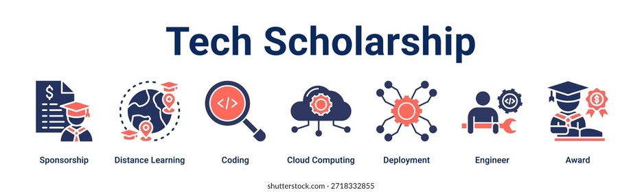 Tech Scholarship banner web icon vetor ilustração conceito para a educação com ícone de patrocínio, educação a distância, codificação, computação em nuvem, implantação, engenheiro.