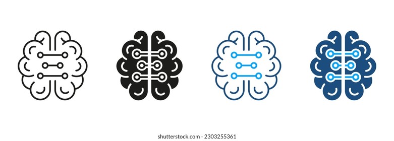 Tech Science Black and Color Pictogram. Human Brain and Digital Technology Symbol Collection. Neurology and Artificial Intelligence Silhouette and Line Icons Set. Isolated Vector Illustration.