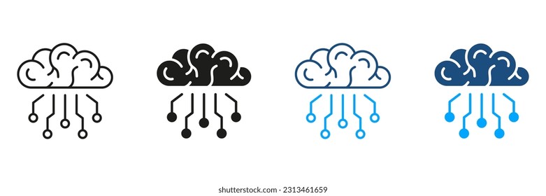 Tech Science Black and Color Symbol Collection. Digital Technology Concept, Human Brain with Circuit Silhouette and Line Icons Set. Artificial Intelligence Pictogram. Isolated Vector Illustration.