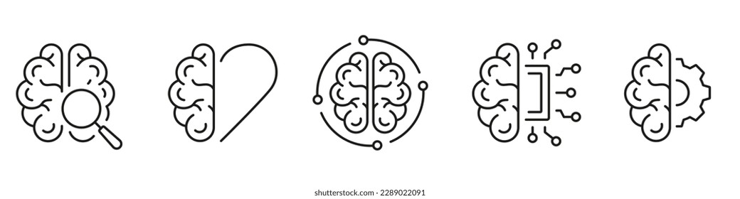 Tech Science, Brainstorm, Knowledge Black Line Icon Set. Human Brain and AI Pictogram Collection. Artificial Intelligence Symbol on White Background. Editable Stroke. Isolated Vector Illustration