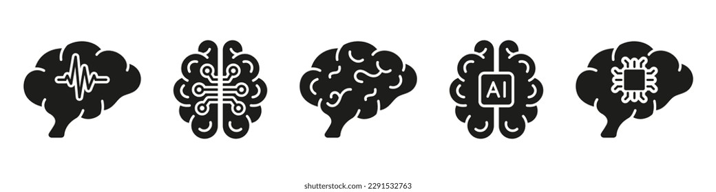 Ciencia tecnológica, Brainstorm, Conocimiento de Ícono sólido negro. Colección de pictogramas de silhouette y cerebro humano. Símbolo de glifo de inteligencia artificial sobre fondo blanco. Ilustración de vectores aislados