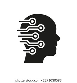 Tech Science Innovation Solid Symbol on White Background. Human Head with Circuit Black Silhouette Icon, Digital Technology and Artificial Intelligence Concept. Isolated Vector Illustration.