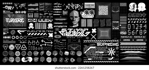 Tech, Sci-fi, HUD retrofuturistic elements set. 3D elements, shapes, spheres, wireframes, icons, HUD interface, grid, frame in cyberpunk style. Futuristic Digital set for t-shirt, merch, poster.